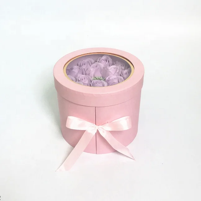 18 pcs Transparent Wedding Gift Separate Closure Lid Cylinder rotate Paper Box with transparent lid Ribbon For Flower Bouquet