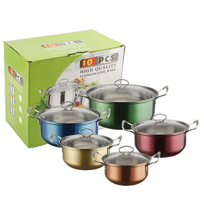 10 Piece Wholesale Kitchen Ware Stock Pot gold handle Stainless Steel Cooking soup Pot Cookware Set