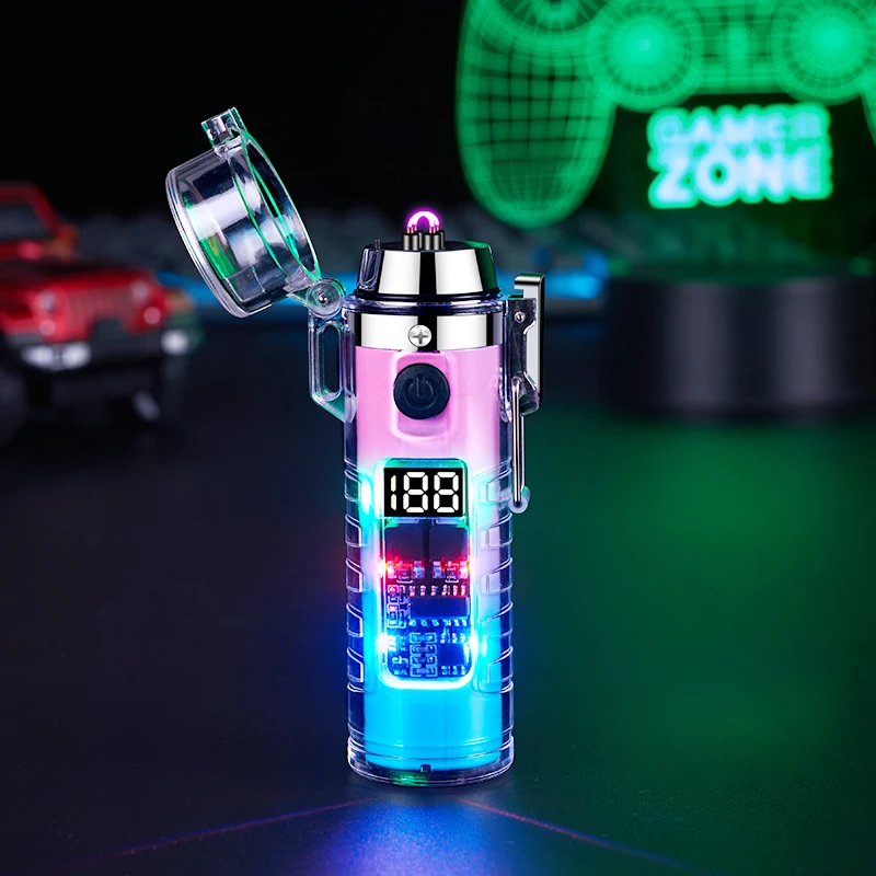 Rechargeable Double Arc Cigarette Lighter Outdoor Camping Waterproof Stove Lighter Transparent Self Glowing Lighter Flashlight