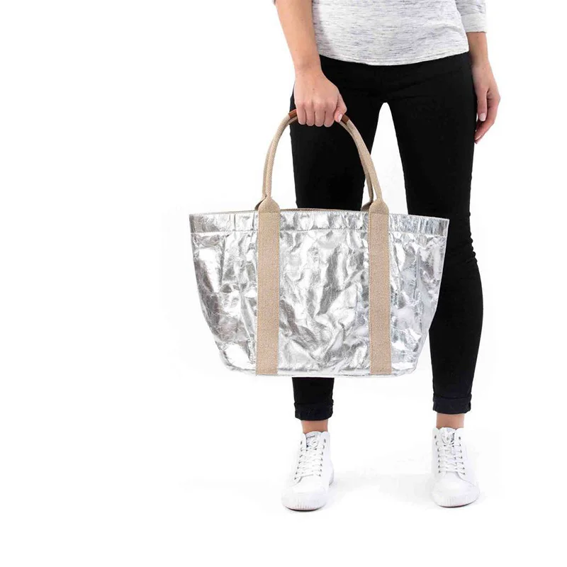 Eco Friendly Leisure Washable Kraft Paper Silver Metallic Tote Bag With Custom Printed Logo
