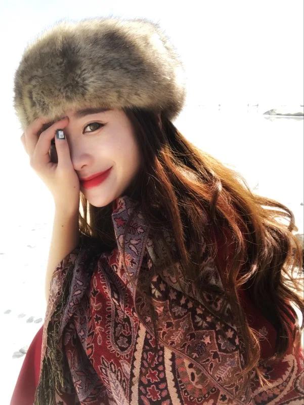 Russian Hot Sale Outdoor Ear Warmer Thick Ski Hat Headband Womens Girl Fluffy Winter Faux fur hats