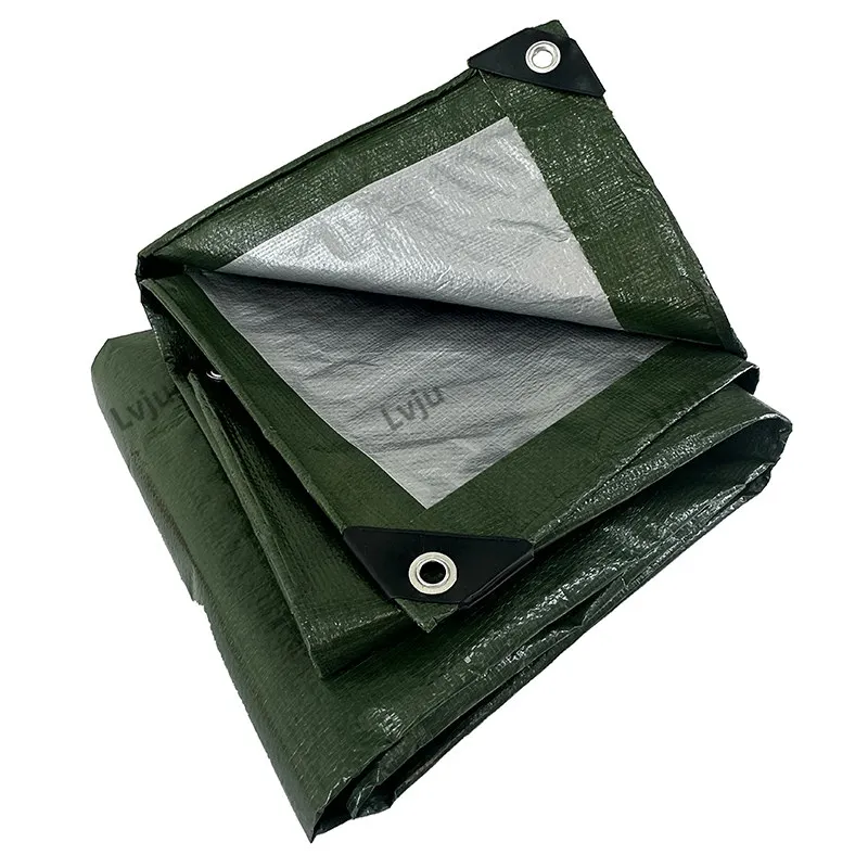 LVJU 4x5m PE Tarpaulin Waterproof Heavy Duty Green/Silver Large Tarp Sheet, Ground Camping Sheet Tent for Garden Furniture