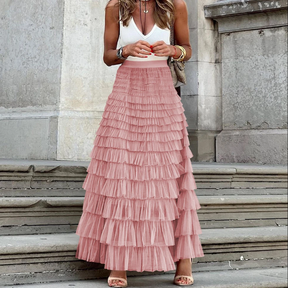 Long Tiered Midi Ruffle Tulle Skirt