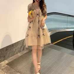 RTS maternity clothing summer print mesh bow puffed sleeve pregnant women dress