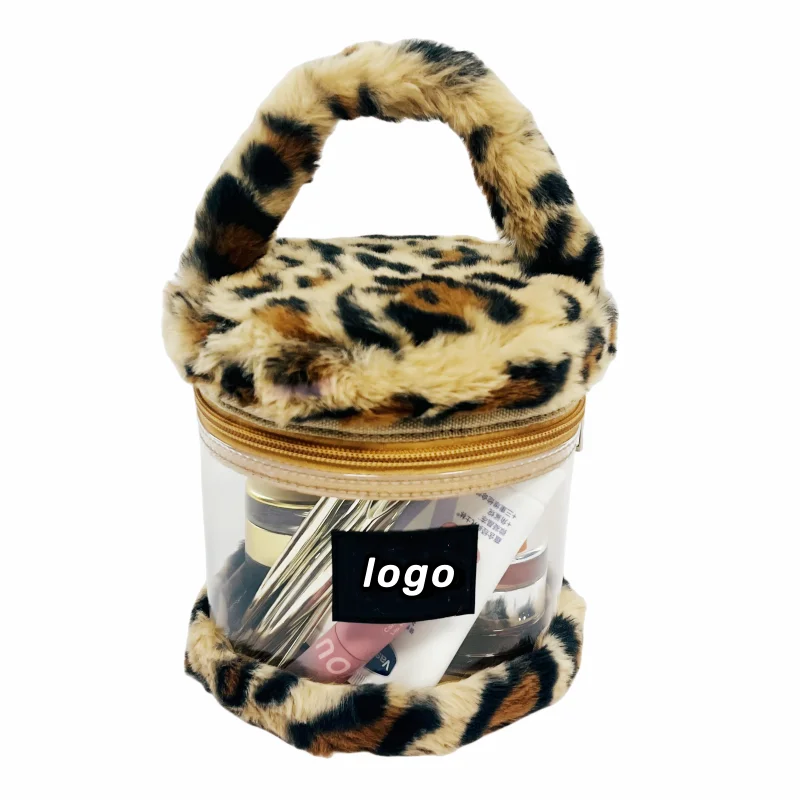 2024 Cute Girl travel Wash toiletry Organizer Make Up Case fashion luxury women fluff cylinder PVC leopard Cosmetic makeup bag