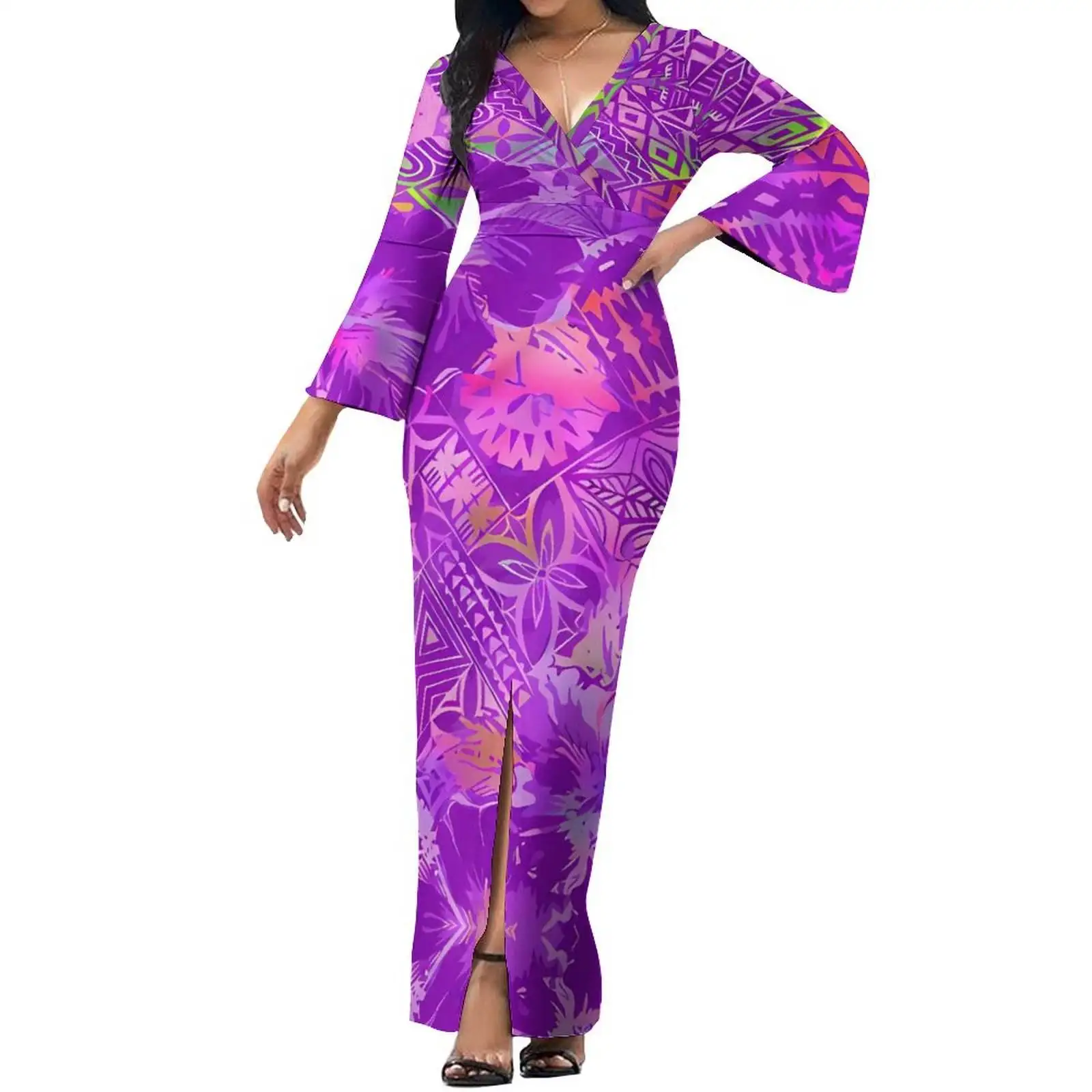 Top Quality Custom Polynesian Tattoo Samoan Dress Palaka Hawaiian Plaid Print V Neck Ladies Dress Vestidos Elegantes Para Mujer