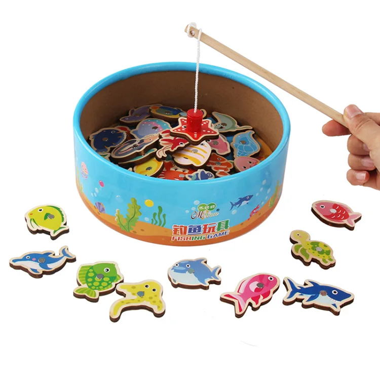 Amazon Best Selling 41pcs Wooden Magnetic Fishing Game Toys New Design Children Marine Fish Cognition Educational Toys