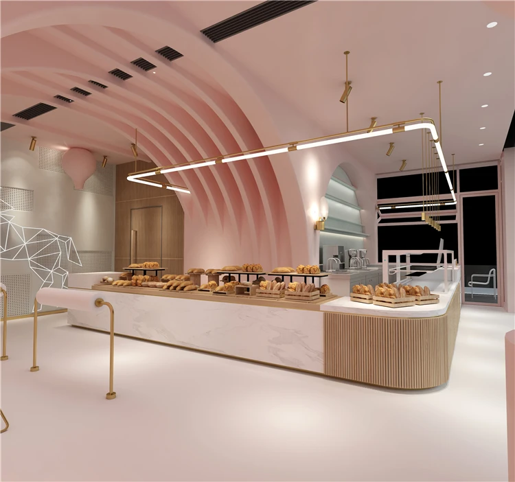 Marble Bread Shop Exquisite Wood Customized Bakery Counter Showcase Design Pink Bread Shopping Mall Kiosk Furniture Design