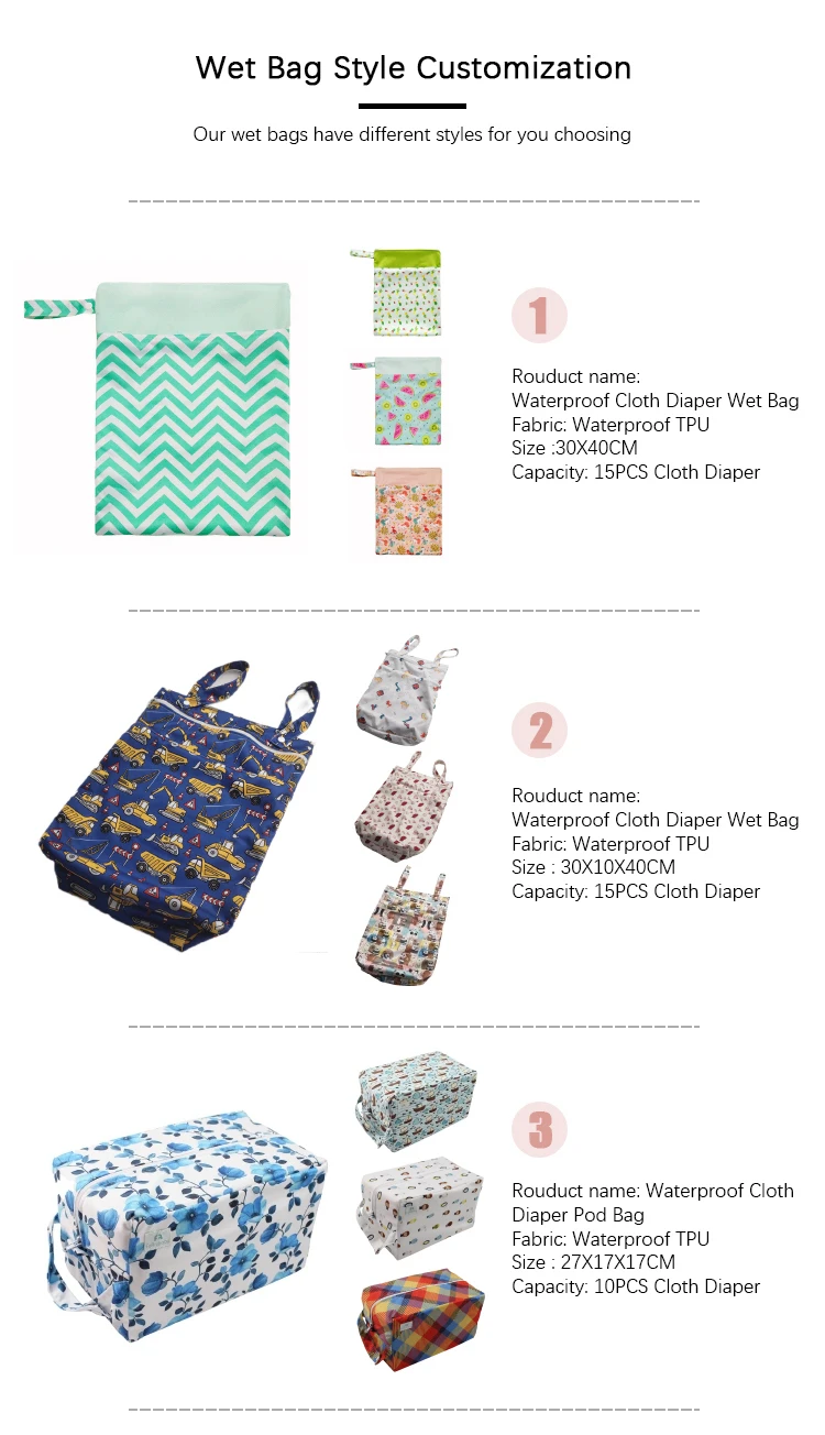 Waterproof Baby Wet Dry Cloth Diaper Bags With Two Zipped Pockets