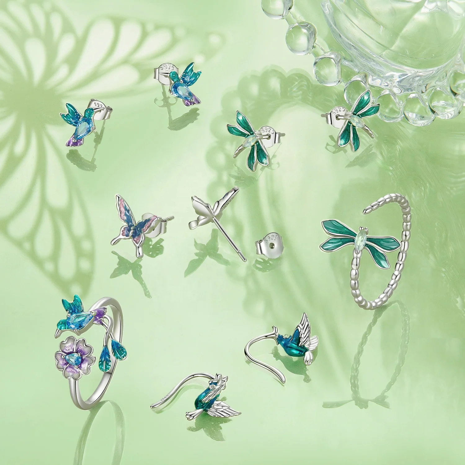 925 Sterling Silver Fashion Jewelry Sets Fine Jewelry Making Wholesale Butterfly Dragonfly Bird Flower Ring Stud Earrings Set