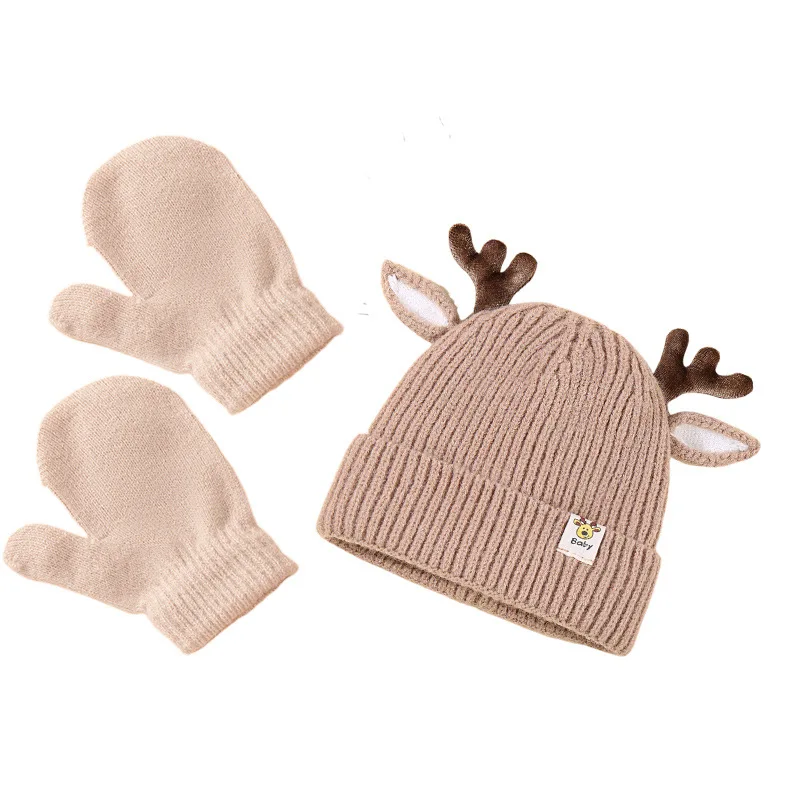 Cute deer design knitting hats baby thread crochet cap with ears boy girls Christmas red beanie kids knitted hat for Winter