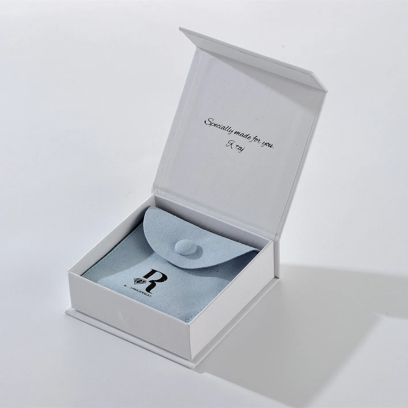 Custom white magnetic jewelry gift box packaging flap magnetic box with blue pouch