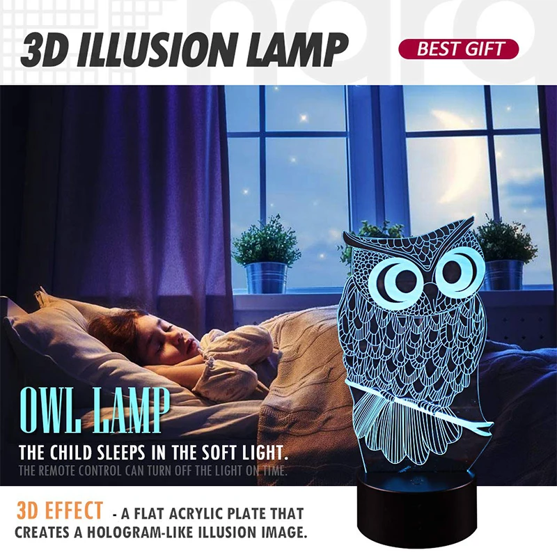 Owl Lamp 3D Optical Illusion Night Light 3D Lamp Owl Night Lamp Desk Table Light 7 Colors Changing
