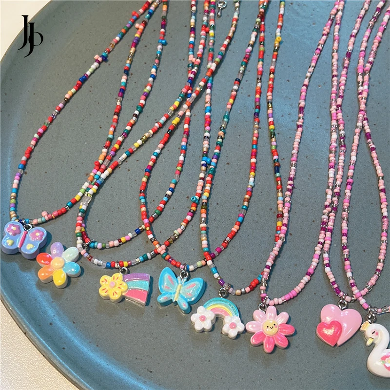 JOJO Fashion 2023 Korea new color cartoon heart butterfly beaded necklace Sweet cute pendant necklace for girls
