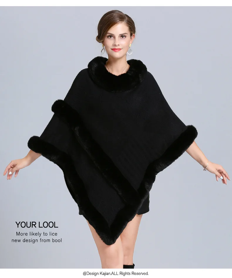 Winter Ponchos And Capes latest fashion faux fur trimmed hooded knitted Poncho Sweater poncho for women