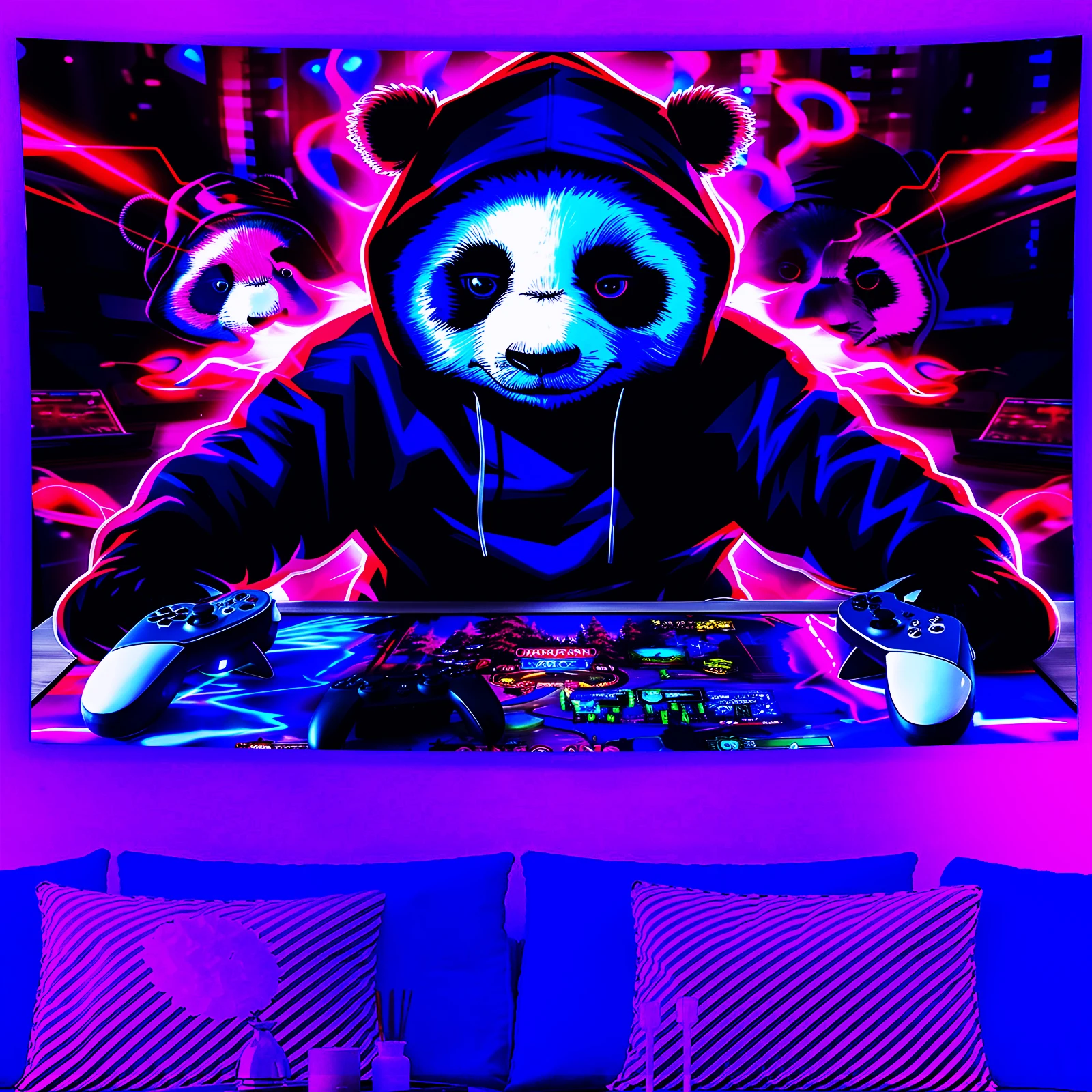 Psychedelic Fluorescent UV Active Tapestry Blacklight Tapestry Wall Hanging Panda Wall Tapestry for Home Decor