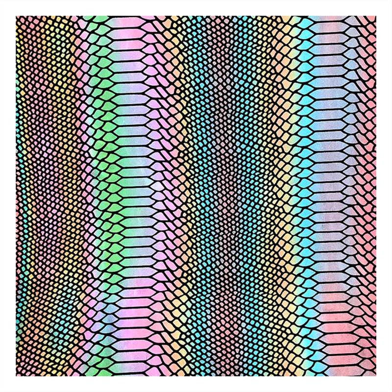 
Светоотражающая искусственная кожа для обуви и сумок с тиснением в виде змеи яркого радужного цвета 