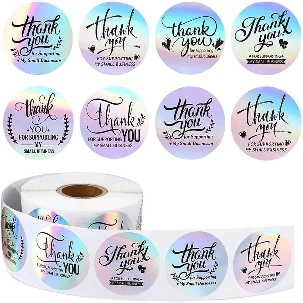 2024 New Design Large Stock of  Thank You  Sticker for Packing Round Laser Holography Sticker  Waterproof Plastic Round Sticker