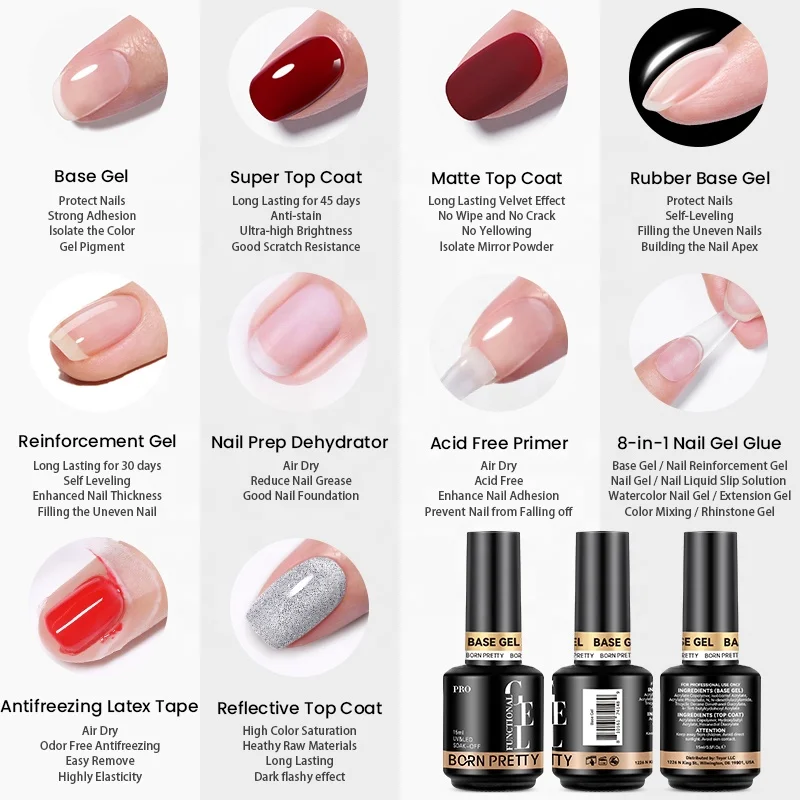 BORN PRETTY PRO High Glossy Shiny Long Lasting Gel Top Coat Nail Polish 15ml OEM Custom Logo No Wipe Clear Gel Base and Top Coat