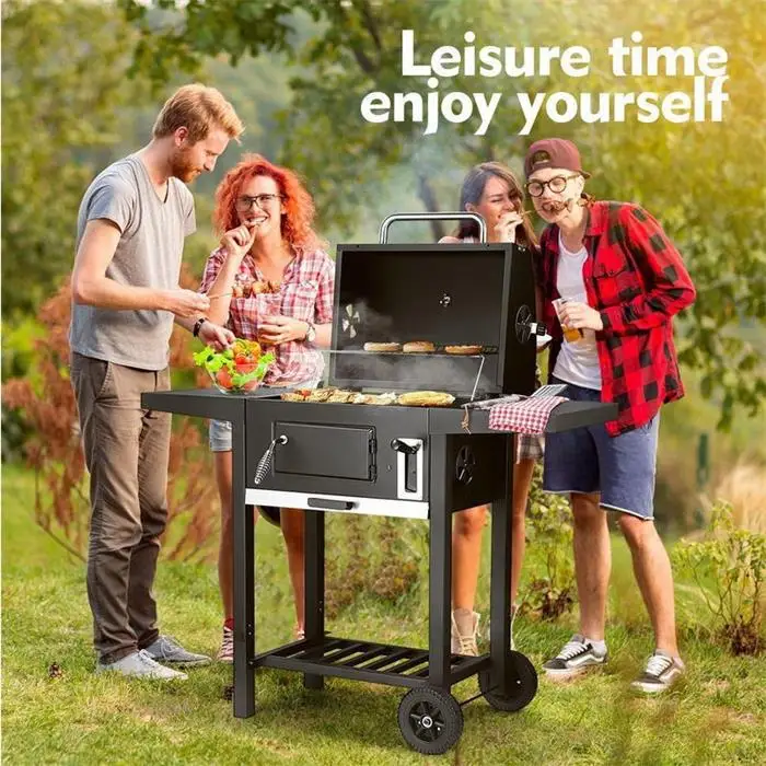 SCB-115 BBQ Grill Round Charcoal Stove Outdoor Bacon Portable 3 in 1 Barbecue  Double Deck Smoker Oven Camping Picnic Cooking