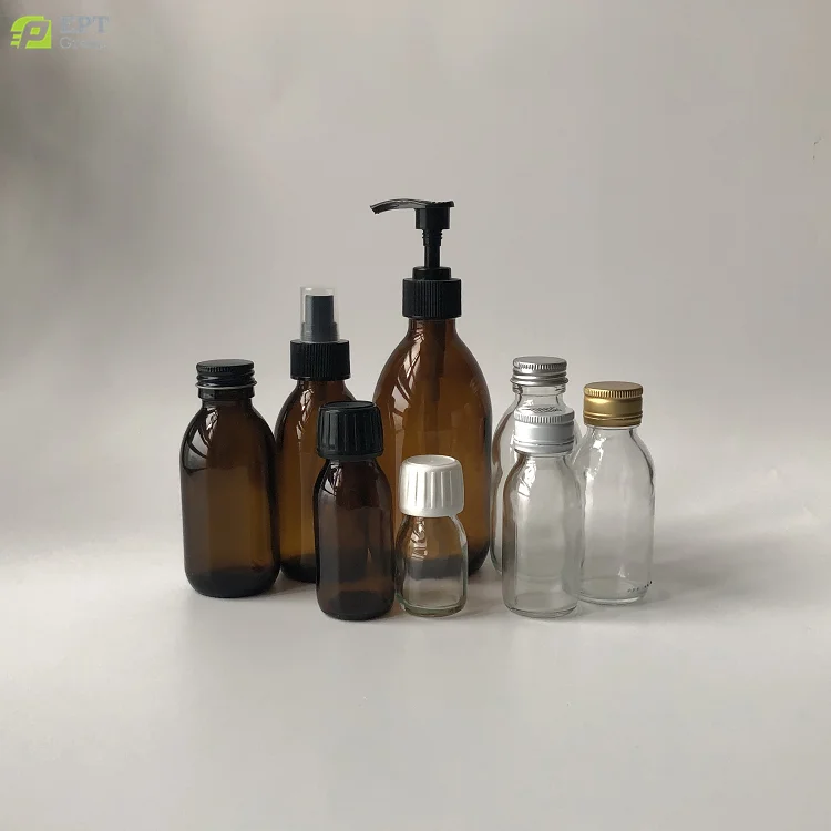 30/60/90/125/150/180/200/250/300/500ml FLACON SIROP VERRE JAUNE  ROPP28 black silver aluminium screw cap metal lid