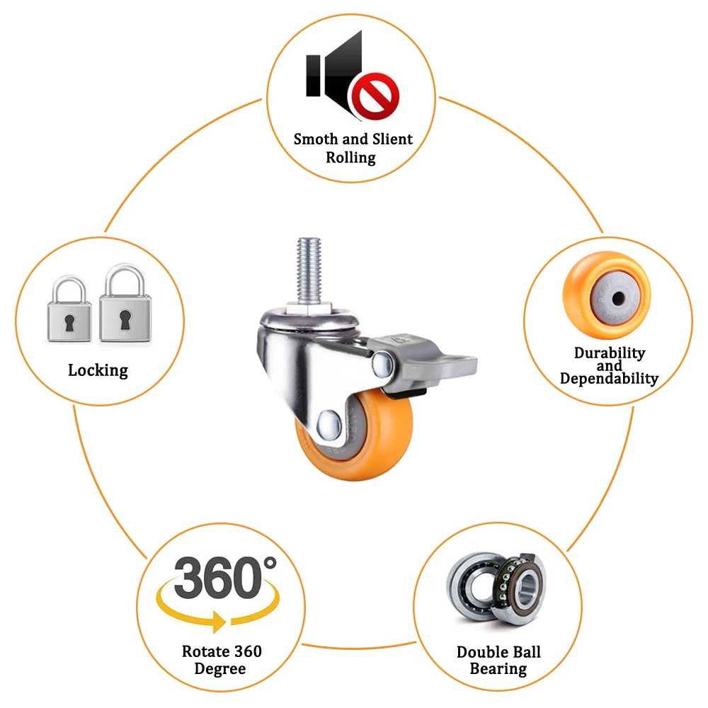 1/1.25/1.5/2 Inch Caster Wheel Nylon Wheels PH028 360 Degree Swivel Orange Contemporary Furniture CASTER