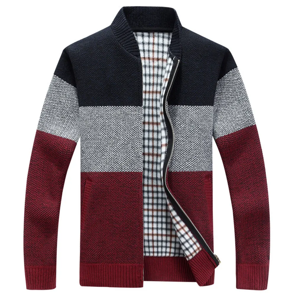 O Neck Long Sleeve Grey Color Block Zip Up Mens Cardigan Sweater For Men