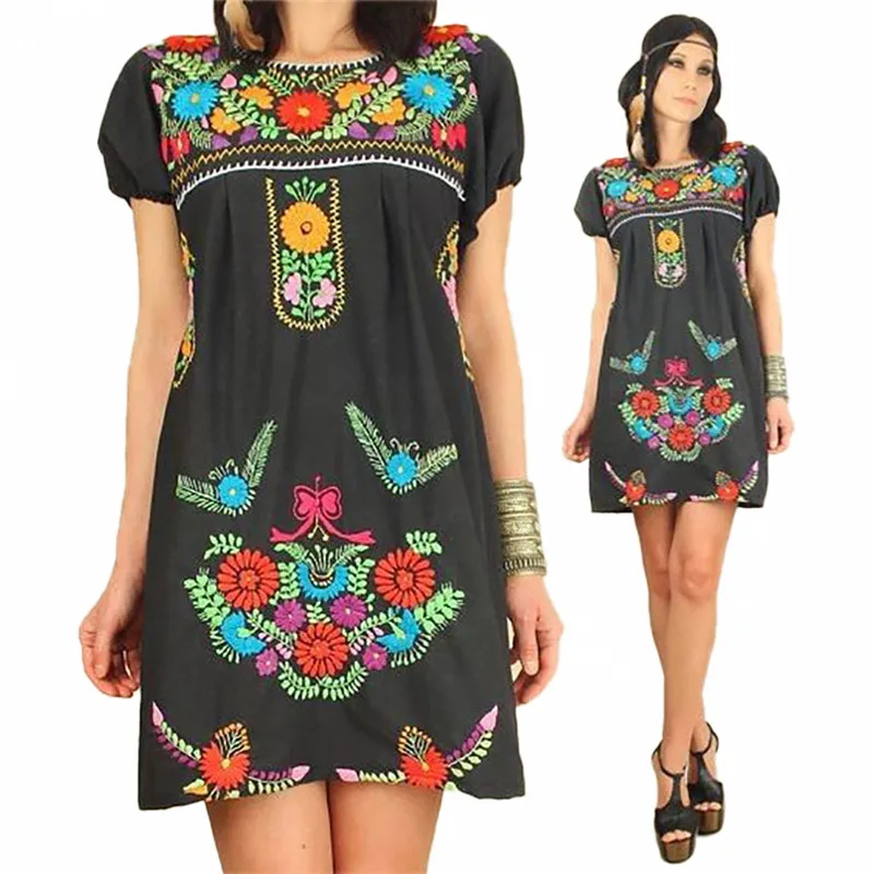 Custom design womens boho clothes  Mexican embroidered dress plus size skirt tops ethnic blouse clothing quality linen dress