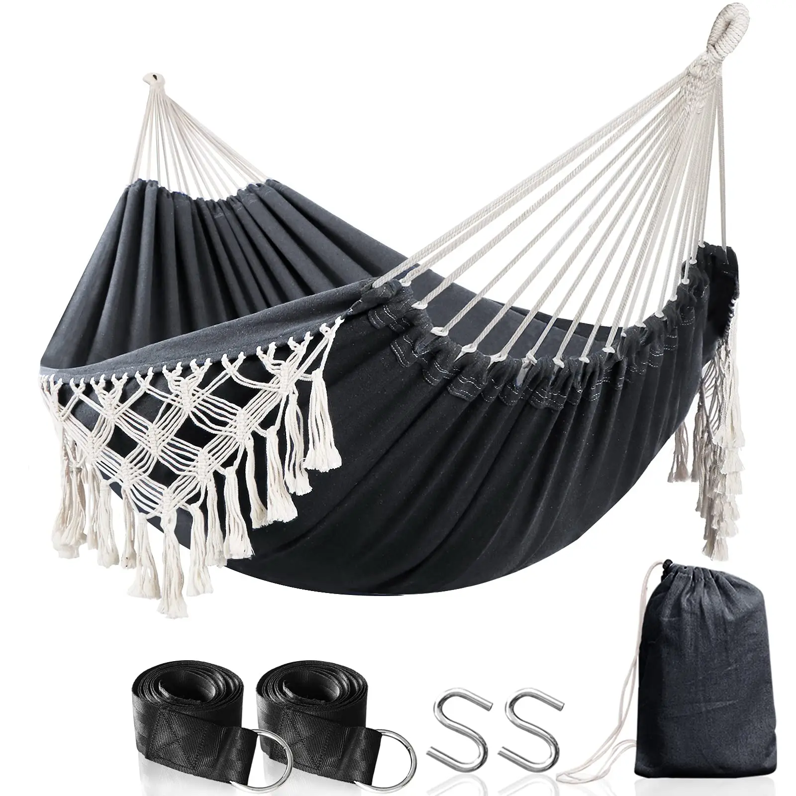 Double Sized Boho Macrame Black Hammock with Elegant Tassels and Fishtail Knitting 485Lbs Includes Ropes and  Drawstring Bag