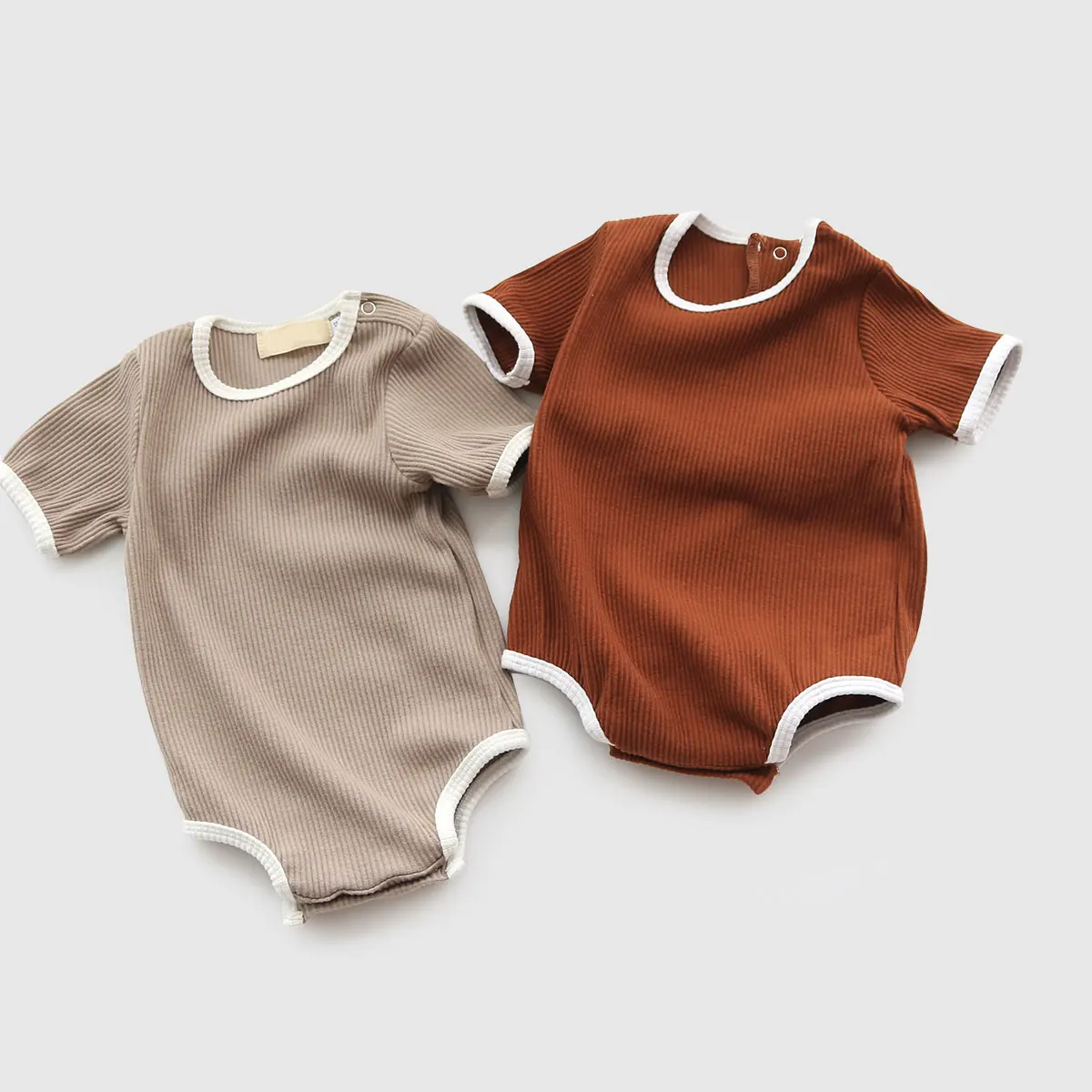 Ribbed Short Sleeve Back Snap Baby Rompers Paneled Edge Crewneck One Piece Infant Jumpsuit