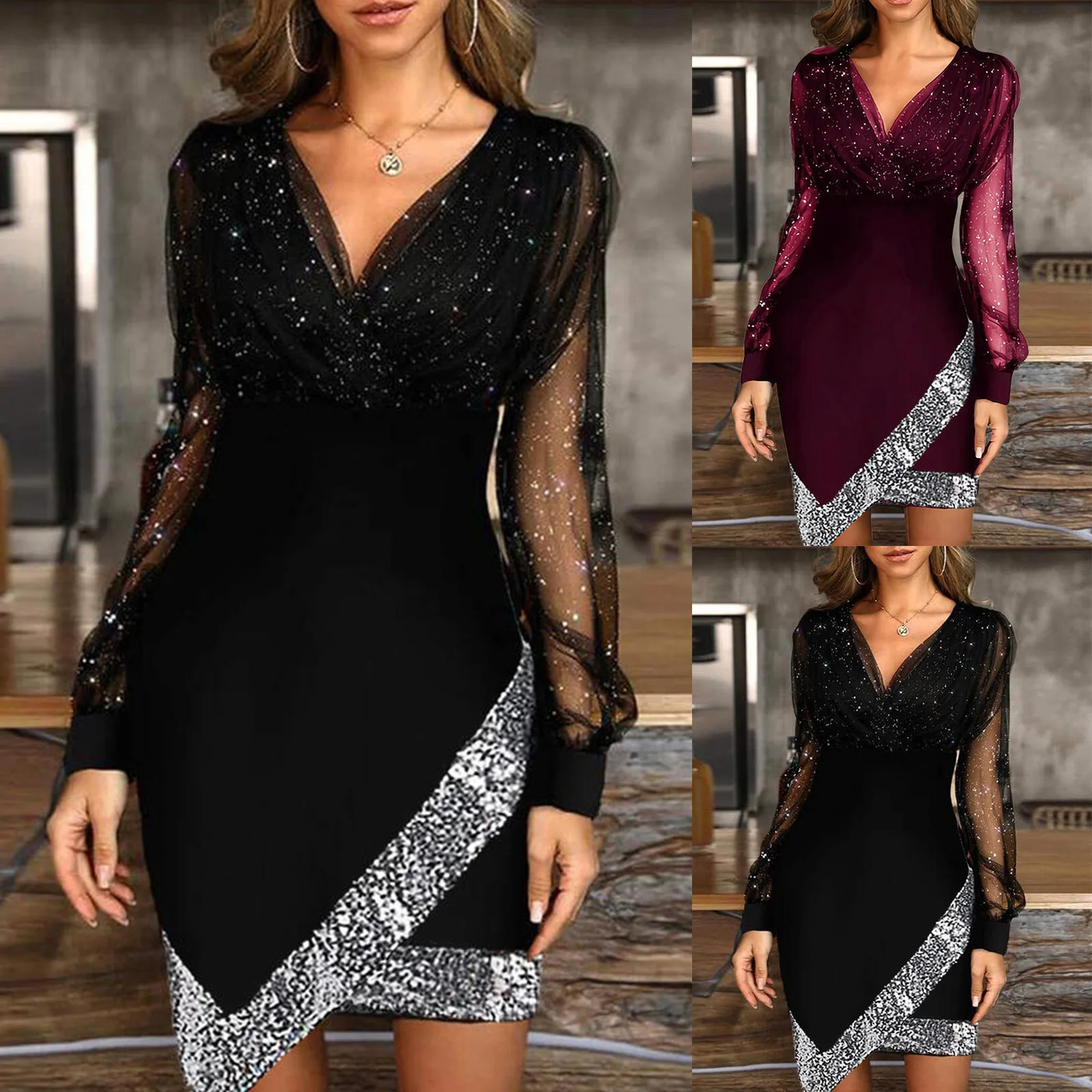 FanLi  2021 New Mesh Yarn Splicing Sexy Fashion High-end v neck mesh party sexy elegant Dress
