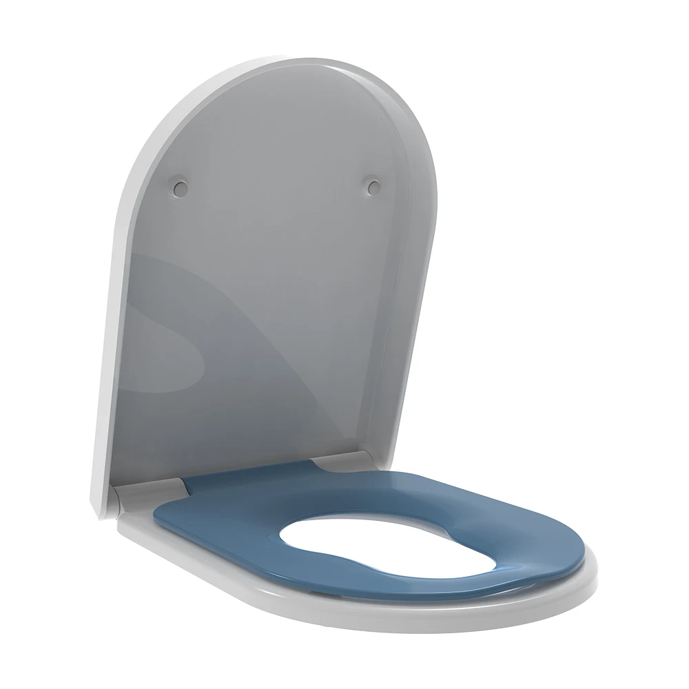 Elongated D shape family toilet seats 3 pcs all soft close with removable colorful baby seat ring for potty training