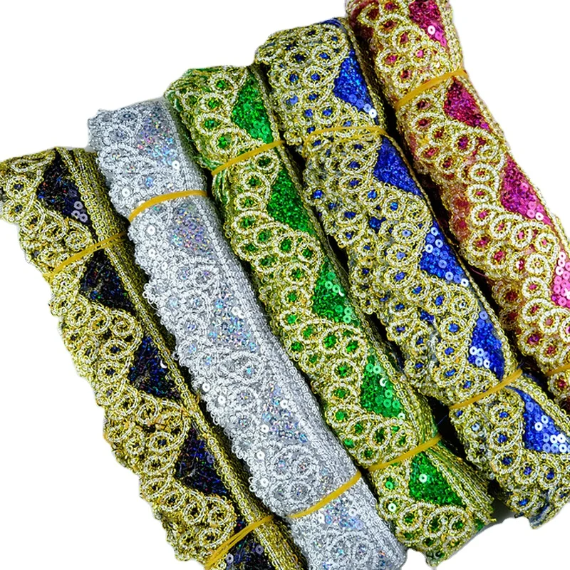 Factory cheap lace sewing polyestic fabric decorative net mesh embroidery triangle sequins fabric sequined lace trim 4.5cm wide