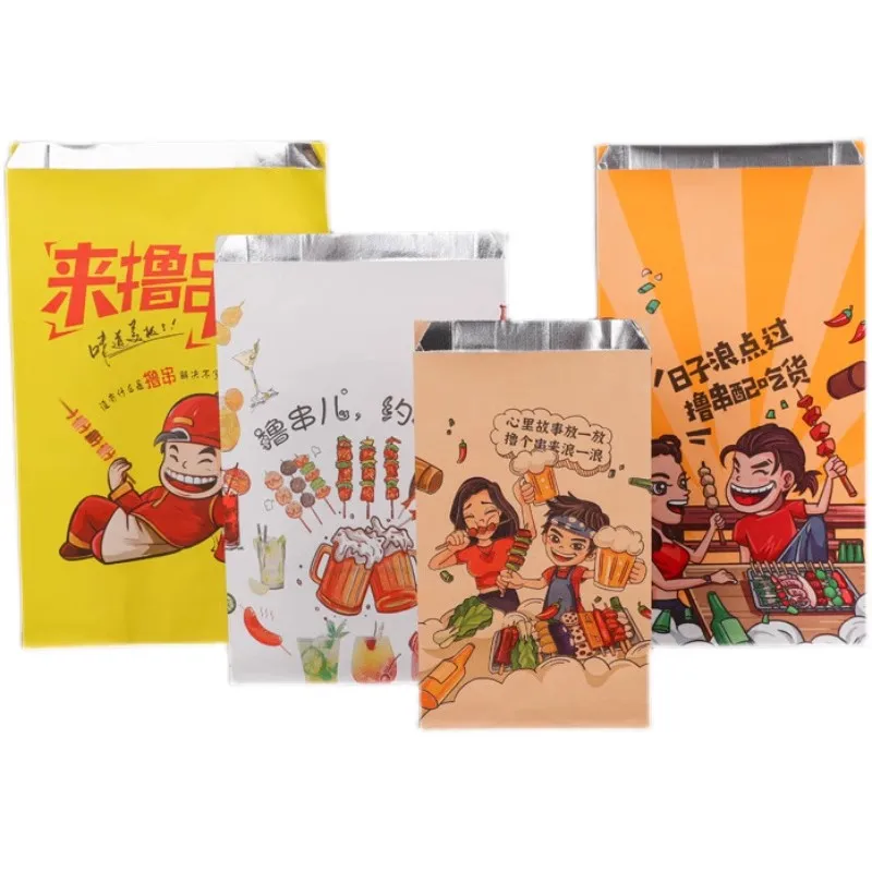 Custom Aluminum Foil Lined Paper Bag for Roast Chicken BBQ Fried Skewers Fast Food Takeaway Bag