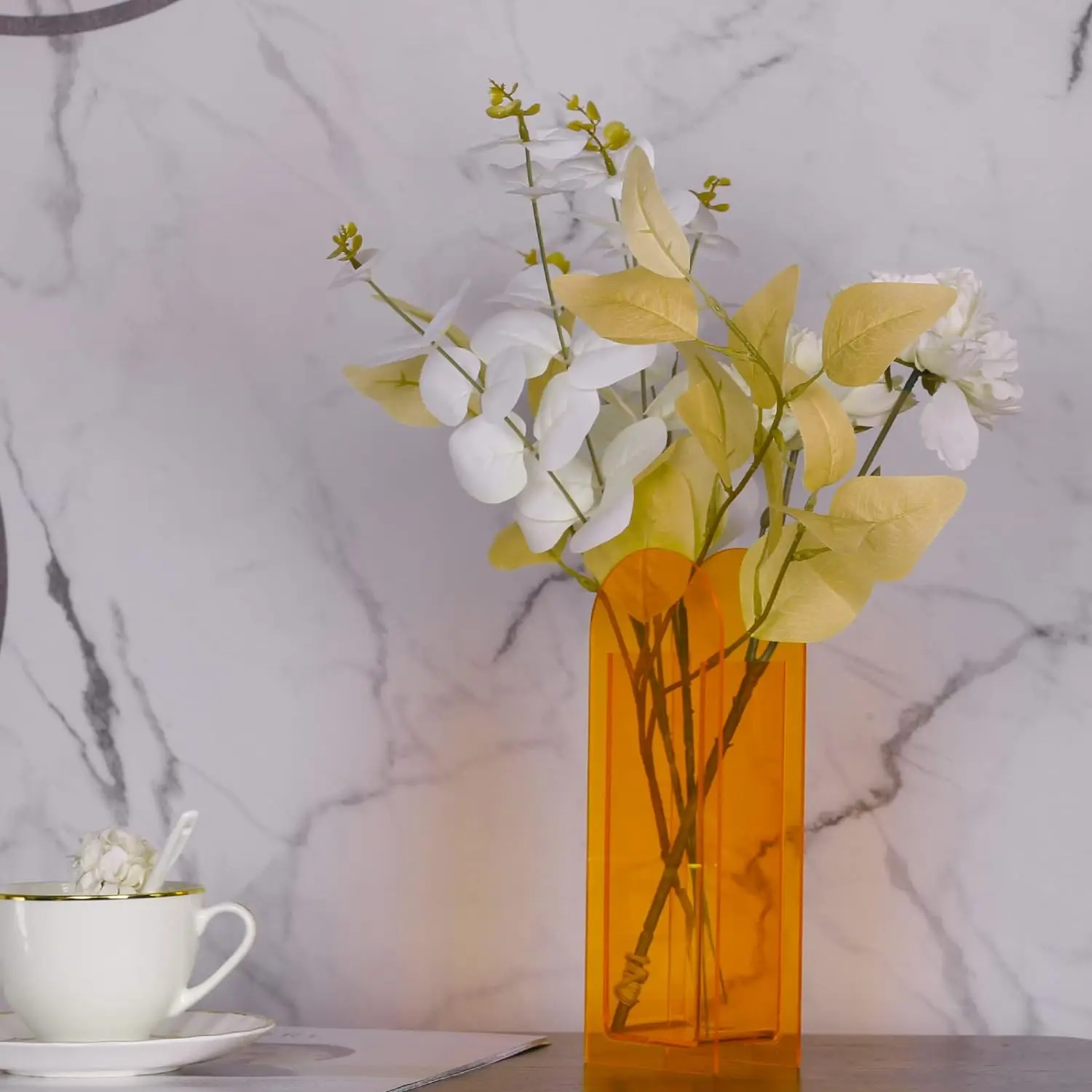 Modern Orange Geometric Acrylic Flower Vase Wide-Mouth Small Tabletop Bud Vase with Orange Flowers for Desk Centerpieces