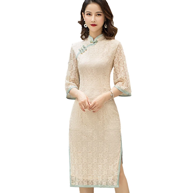 
Latest Designs Chinese Modern fashion Cheongsam Elegant half sleeve Qipao lace Dress For Women 