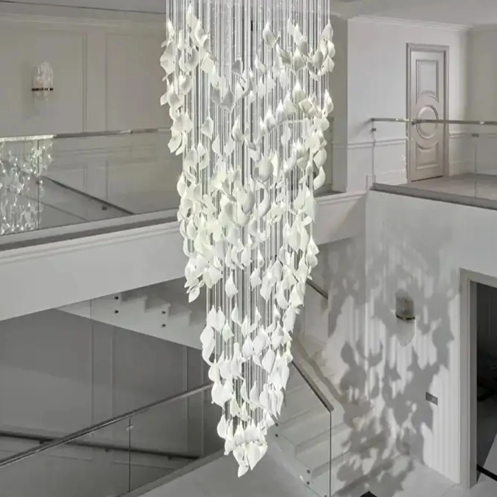Modern Pendant Chandelier Ceiling Foyers Entrance Chandeliers Staircase Long Pendant Light Big Ceramic Leaf LED Lighting Fixture