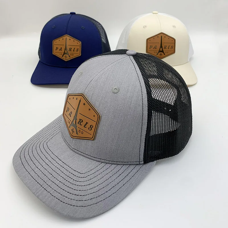 Wholesale Custom Leather Patch Logo Mesh Gorras High Quality 6 Panel Sports Mens Cap Beige Cotton Classics Trucker Hat