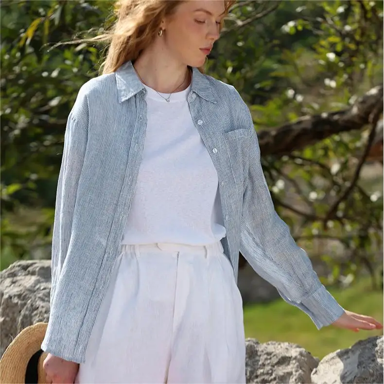 Wholesale OEM Casual Loose Long Sleeve Turn Down Collar Tops Blue White Stripe Button Shirt 100% Pure Linen Women Shirts Ladies