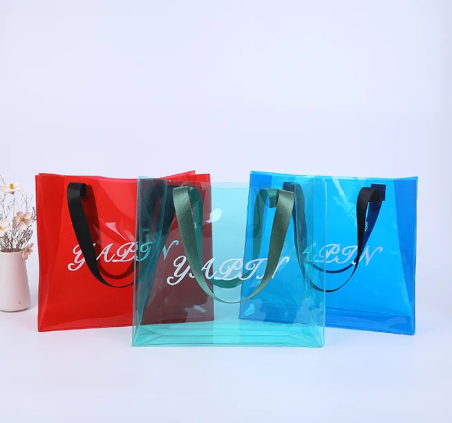 fashion Logo mini clear plastic PVC shopping bag outside tote holiday beach tote shoulder transparent bag with webbing handles