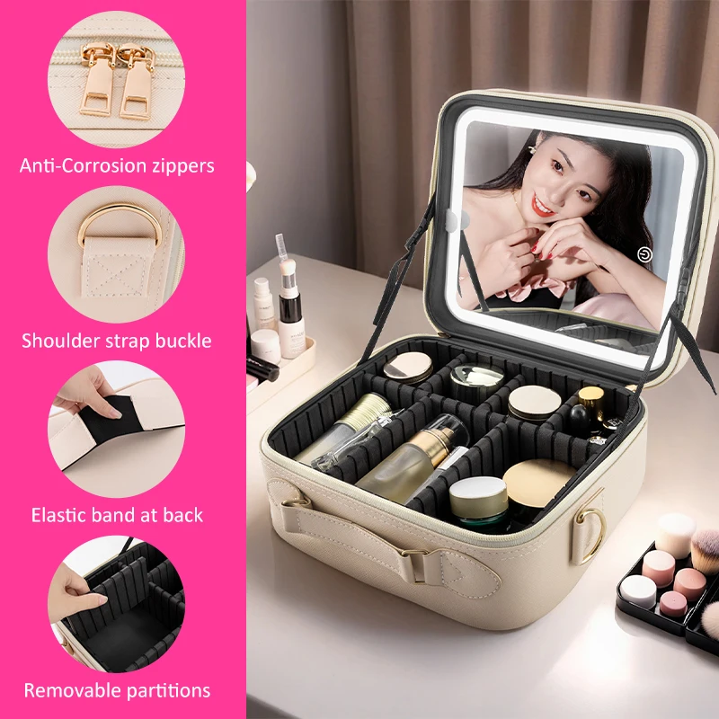 US Local Shipping White Convenient Hand-Held Travel Vanity Case Portable Led Mirror Compacts Makeup Case Cosmetic Brush Case
