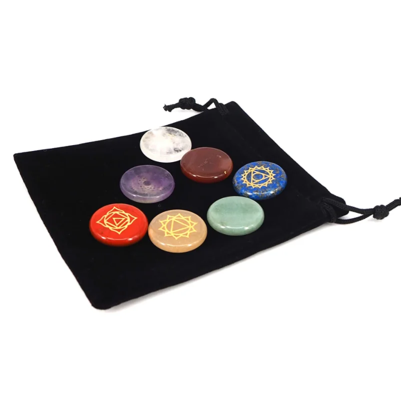 7 Seven Chakra Engraved Holistic Balancing Polished Reiki Healing Solids Crystal Mens Chakra Symbols Tumbled Palm Stone Sets Kit