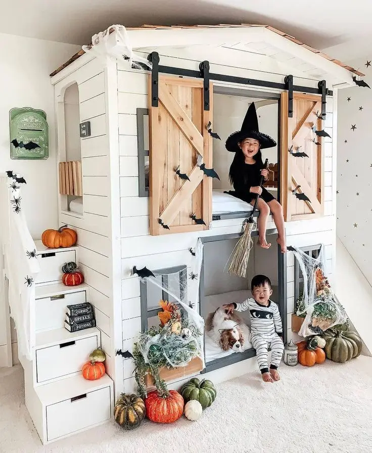 Children Bedroom Furniture Sets Modern Solid house-shaped Wooden Bunk Bed for Kids