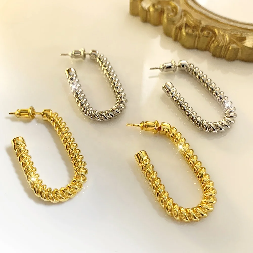  High quality brass plated with gold earrings spiral silver stud