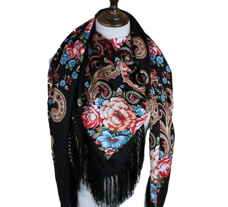 Wholesale Tassel fringe Printed Woman Hijab Wind Large Square Shawl Russian Scarf
