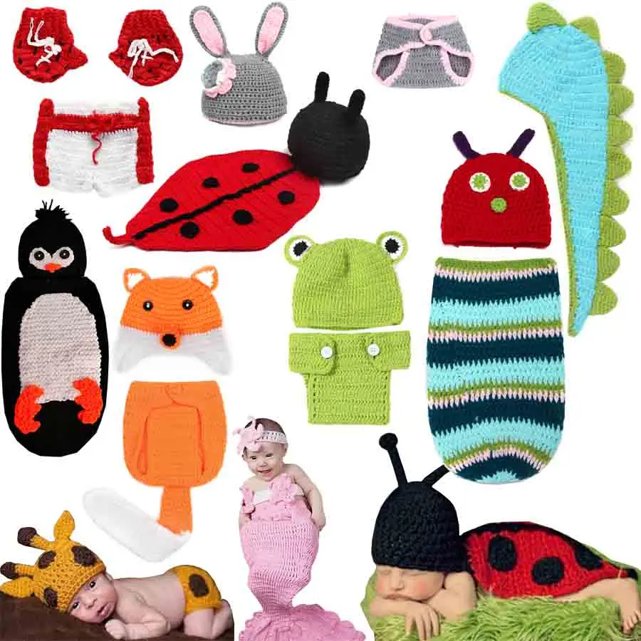 Cute Newborn Baby Photoshoot Clothing Cartoon Animal Wool Knitting Knitted Crochet Clothes for Infant Photography Props