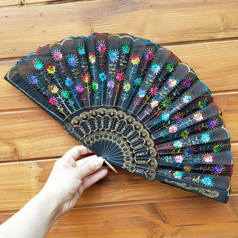 [I AM YOUR FANS] Embroidery Sequin Hand Fan Classic Plastic Frame Fabric Dancing Hand Fan for Holiday Events Wedding