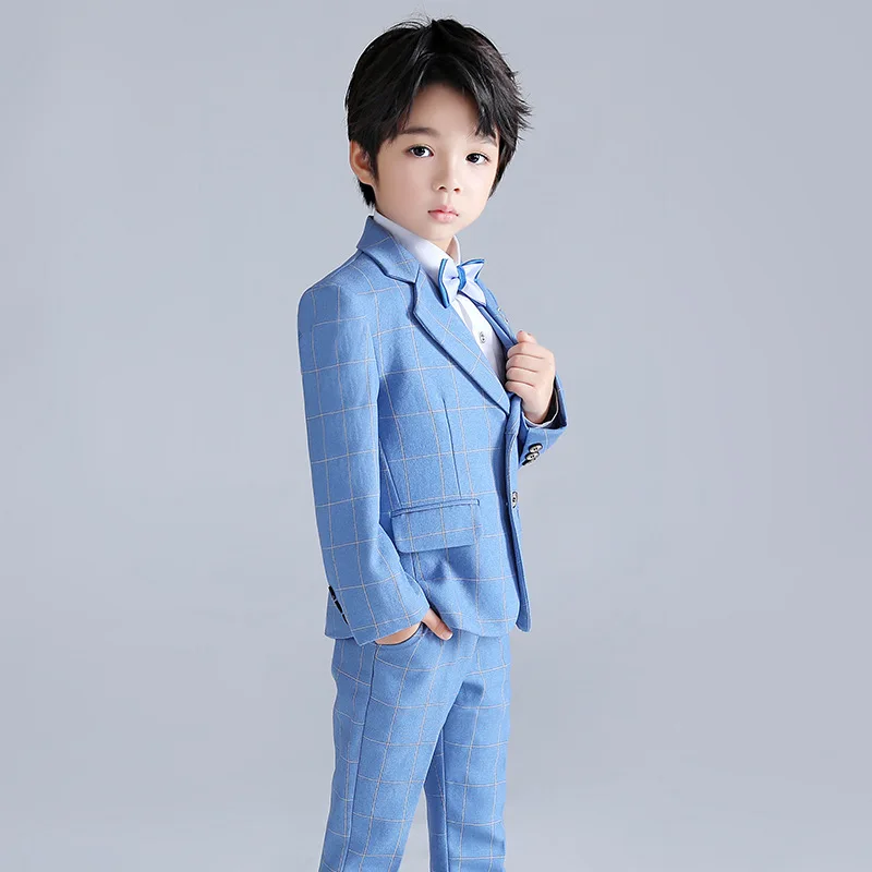 Custom made Boys three-piece Suit Sets formal wear kids light blue plaid suit