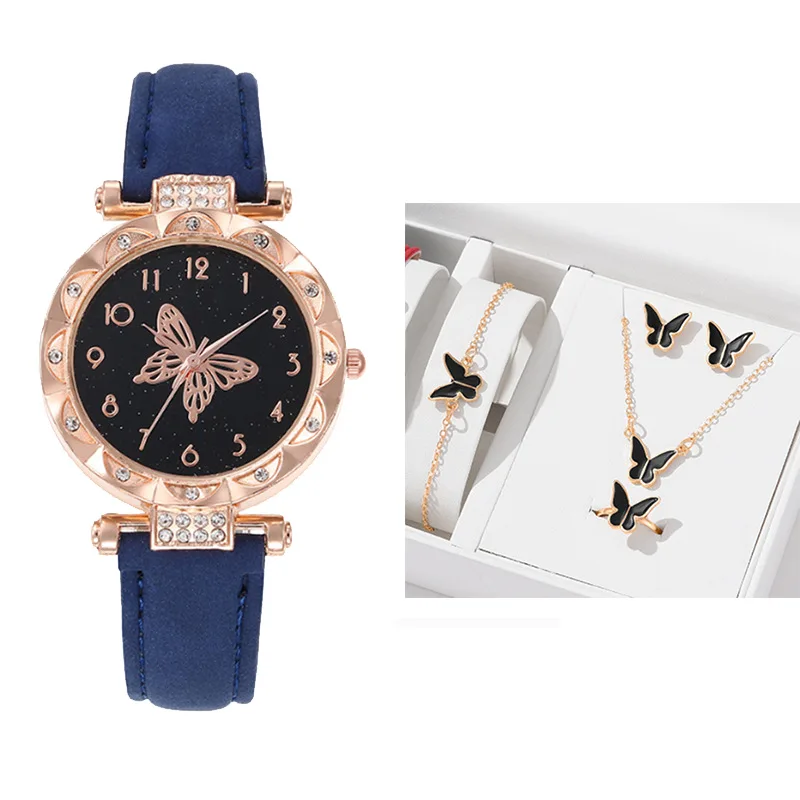 5PCS/Set Butterfly Necklace Earring Ring Bracelet Watch Gift Set Fashion Butterfly Buckle Leather Watch Strap Watches Jewelry