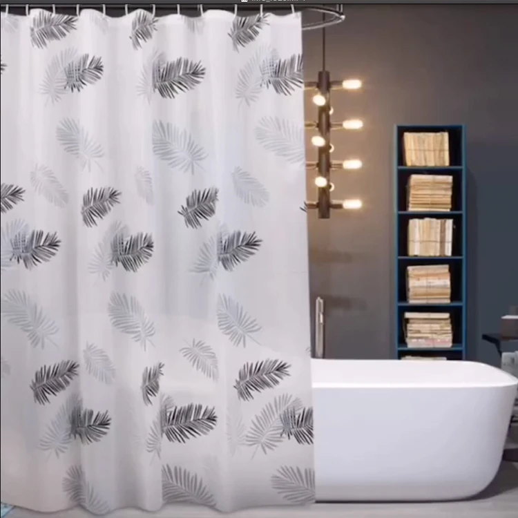 Eco-friendly no bad smell waterproof PEVA metal grommet heavy header  printing leaves design shower curtain liner